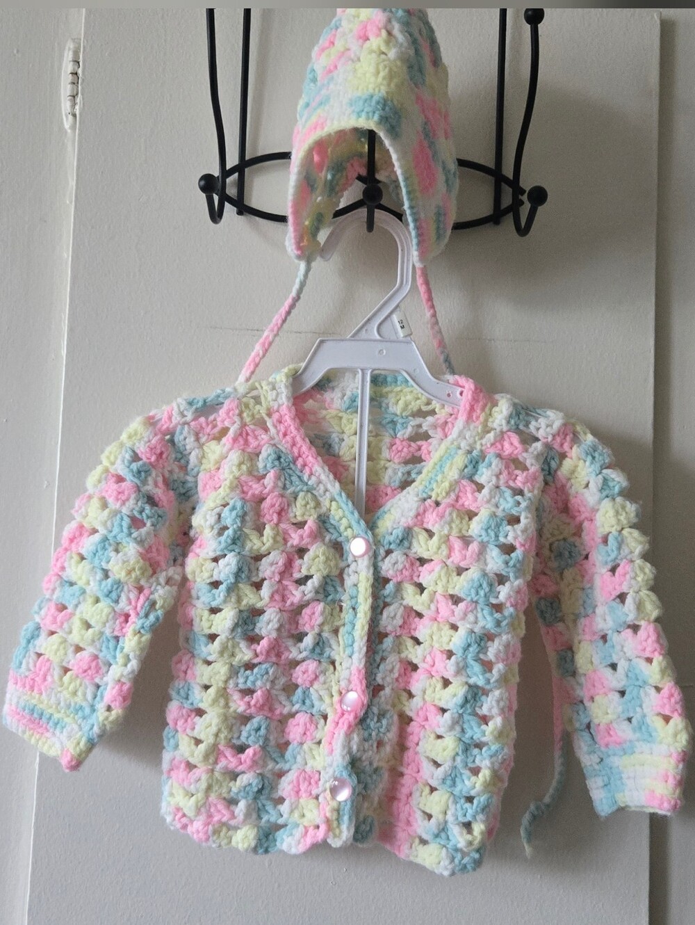 Handmade Crochet Baby Cardigan & Hat - Pastel Multicolor 6/9 Months